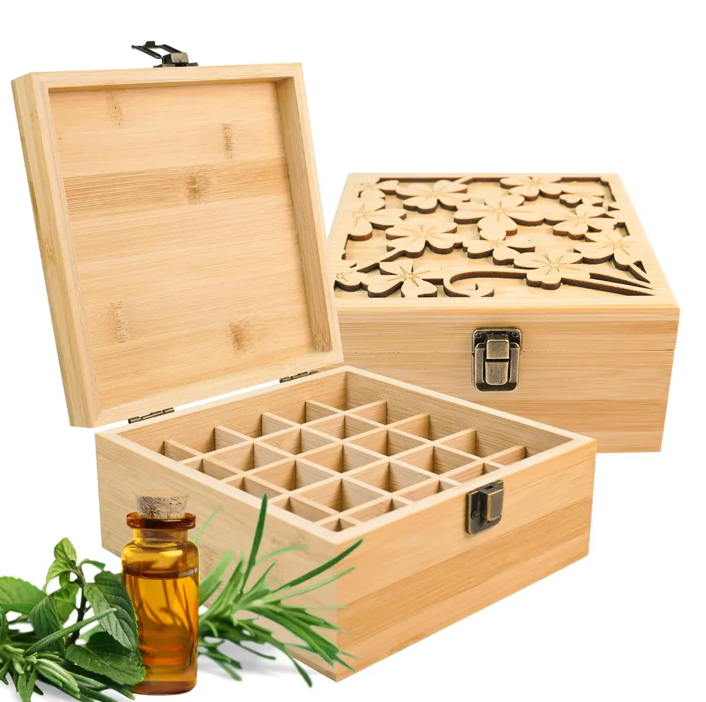 Rangement anti-désordre pour 25 huiles essentielles et vernis en bambou robuste