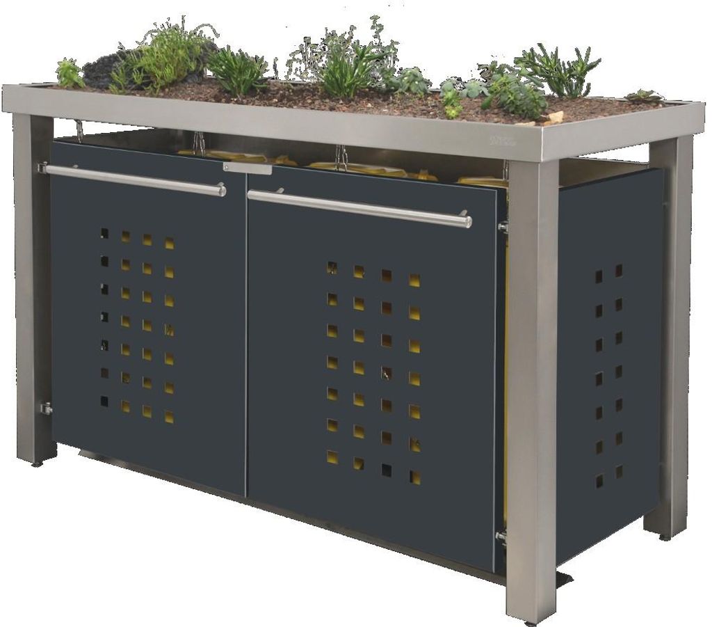 reinkeDESIGN | Mülltonnen-Box 1x240L + 2x120L| Typ_E | mit Gründach, Pfosten aus V2A, Blenden in Anthrazit | für Privat-Häuser, hergestellt in ...