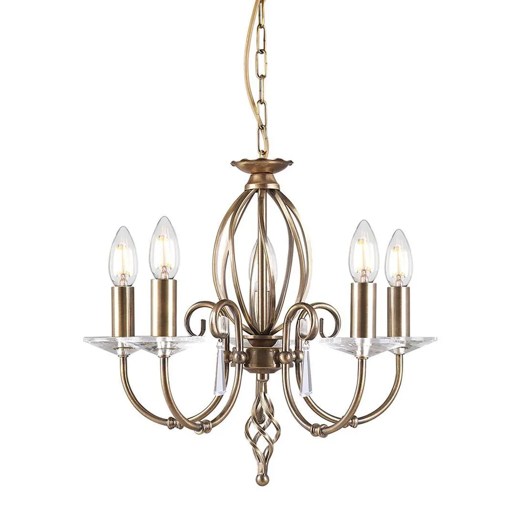 Lustre 5 bras laiton vieilli et cristal Aegean Elstead fer forgé