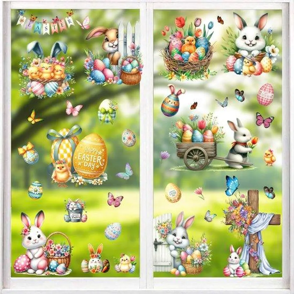 Décorations de Pâques réutilisables double face pour fenêtres vitrées