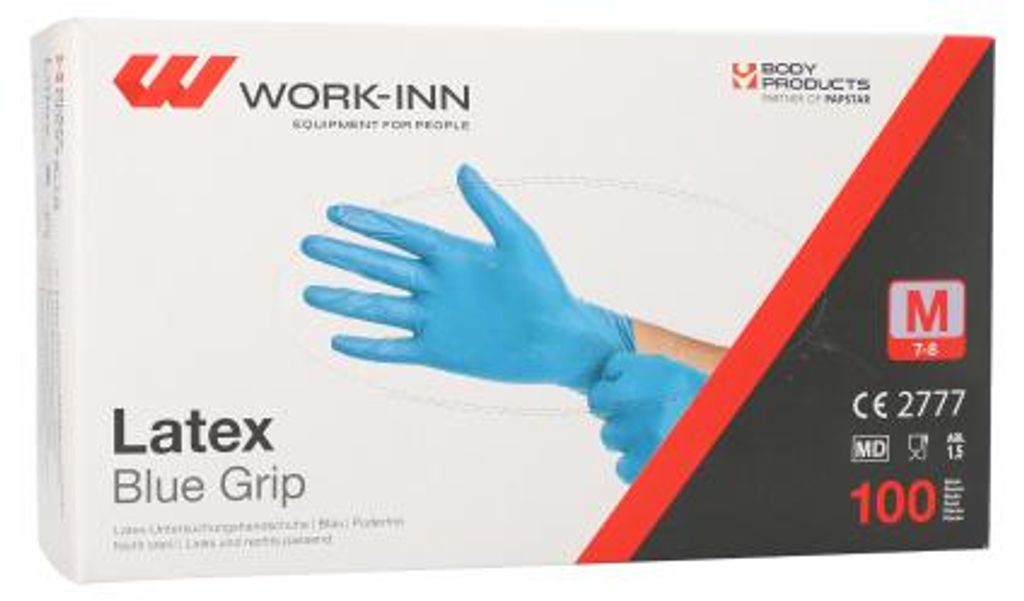 100 "WORK-INN" Handschuhe, Latex puderfrei blau "Blue Grip" Größe: M