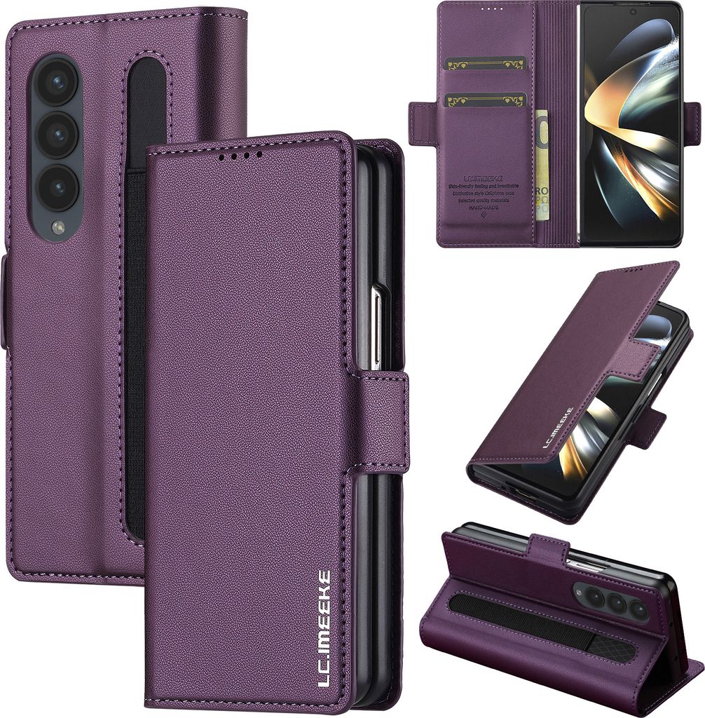 Handyhülle für Samsung Galaxy Z Fold4 5G, Magnetische Flip Leder Hülle mit Kartenfach und Standfunktion Lila