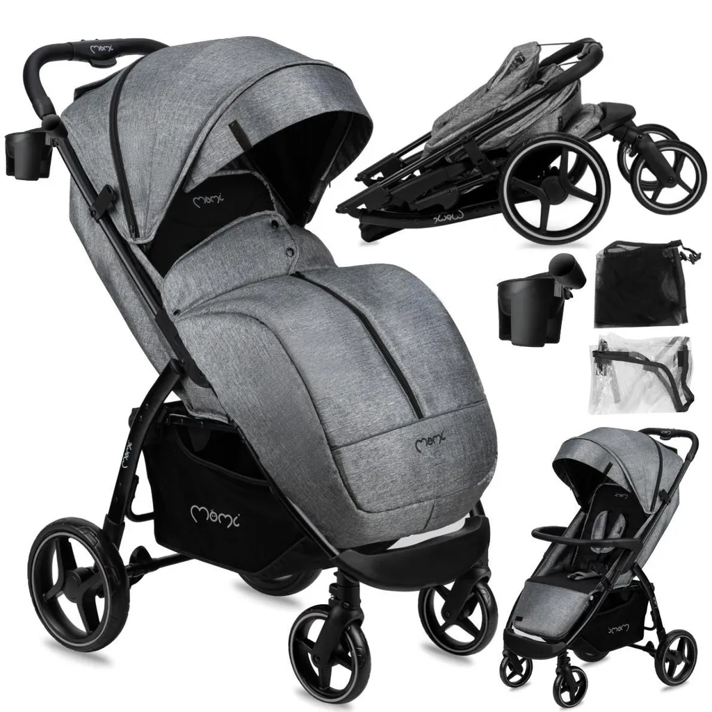 Poussette MoMi MIYA Gris avec Roues 10 Pouces et Kit de Protection Pluie