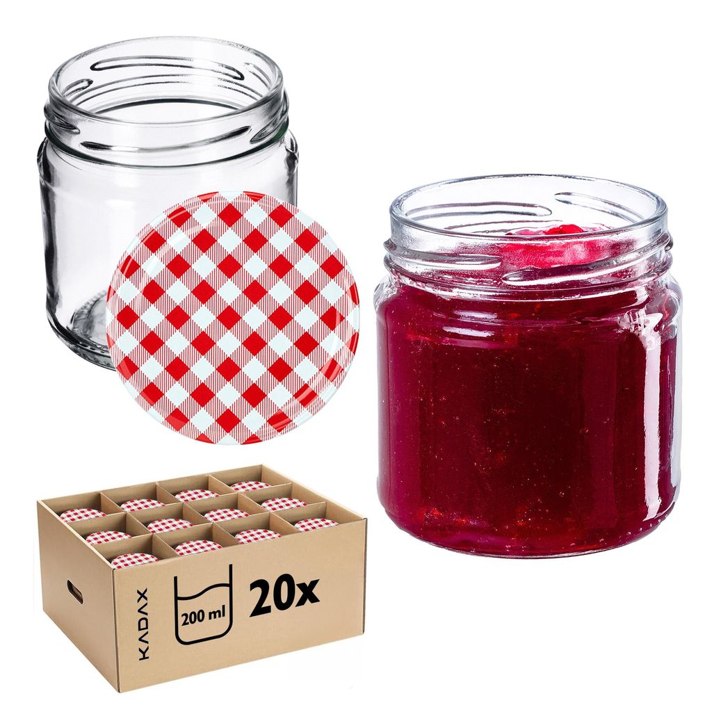 A collection of glass jars with red and white checkered lids, and a box of the same jars.