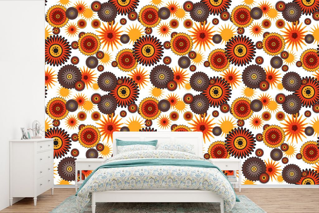 MuchoWow Fototapete für Wohnzimmer oder Schlafzimmer Wandtapete Vinyl Motivtapete Design - Retro - Orange - Blumen - 360x240 cm - Vinyl-Tapete
