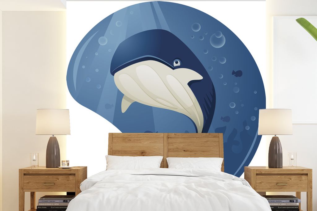 MuchoWow Fototapete für Wohnzimmer oder Schlafzimmer Wandtapete Vinyl Motivtapete Eine Illustration eines Blauwals unter Wasser - 220x240 cm - W...