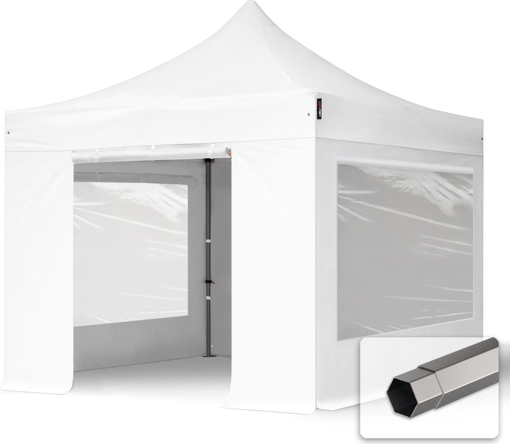 TOOLPORT 3x3m Stahl Faltpavillon, inkl. 4 Seitenteile, weiß