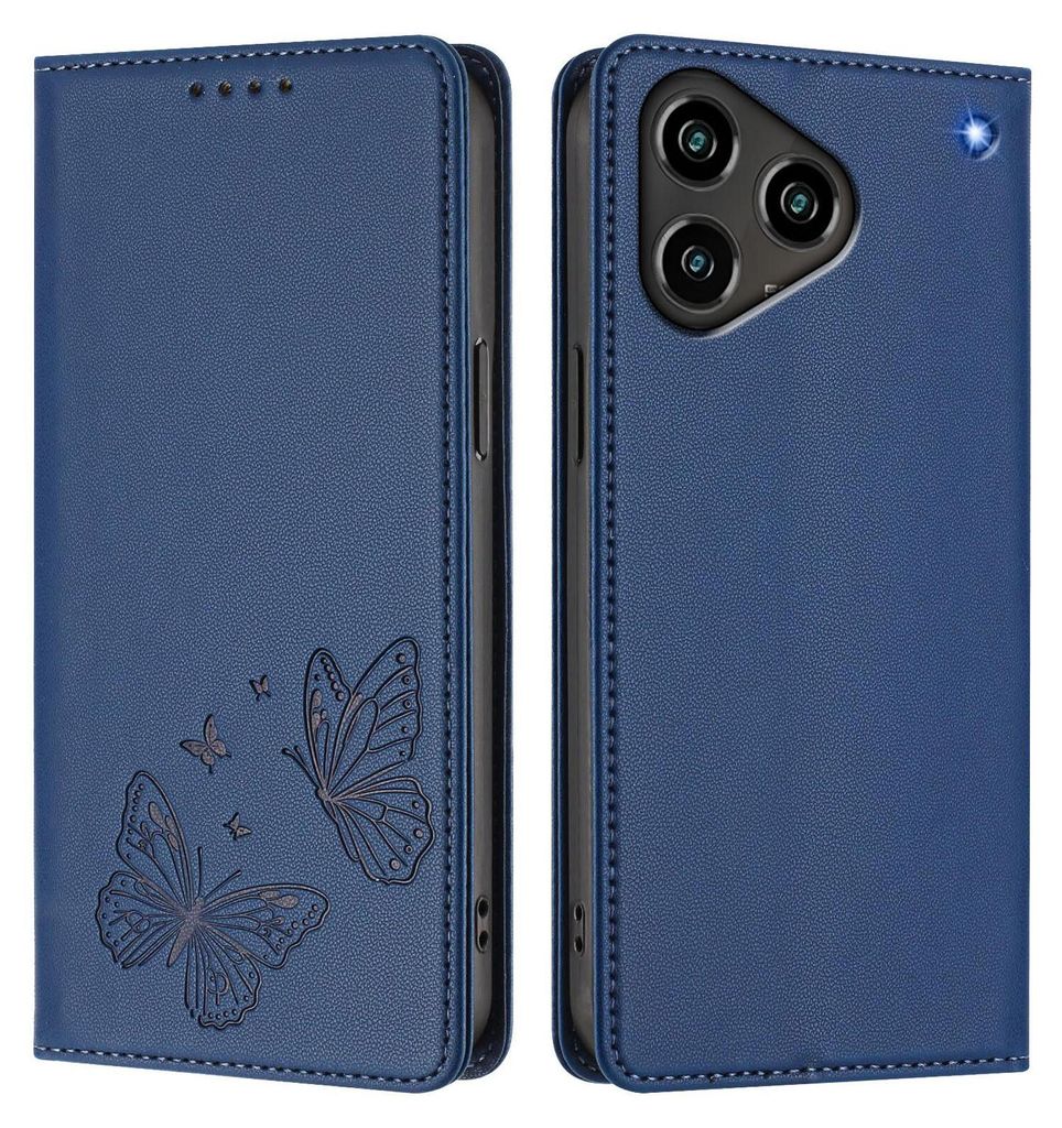 Lederhülle für ZTE Blade A76 4G, Schmetterling Prägung Leder Brieftasche Schutzhülle mit Ständer Dunkelblau