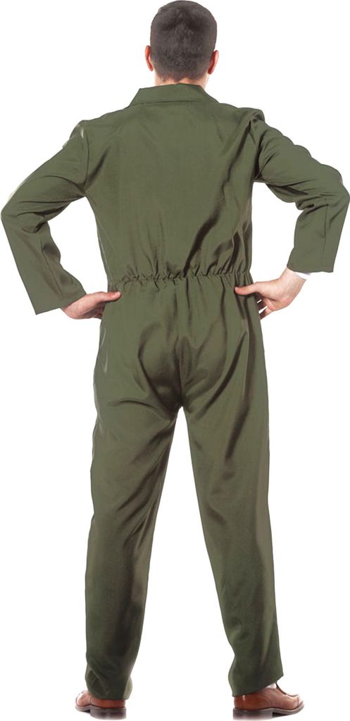 A person wearing a green jumpsuit from behind.
