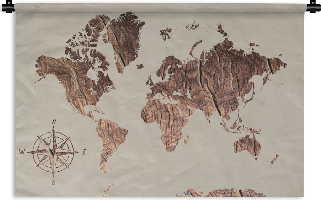 MuchoWow Wandteppich Wandbehang Weltkarte - Holz - Windrose 120x80 cm Tapisserie Dekoration Wandtuch - Wanddekorationen - Wandtücher