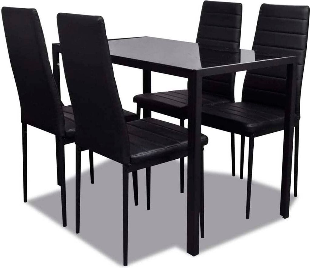 Essgruppe Schwarz 5-teilig für 4 Personen mit Glastisch 105x60x74 cm und Kunstlederstühlen