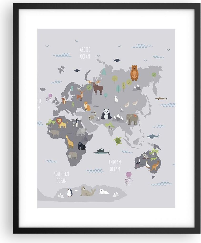 Gerahmtes Poster - Schwarzer Rahmen - Karte die Welt Kontinente - 40x50 cm - Wand Bild - Wanddeko - Wandbilder - Kunstposter - Wandposter - Bilderr...