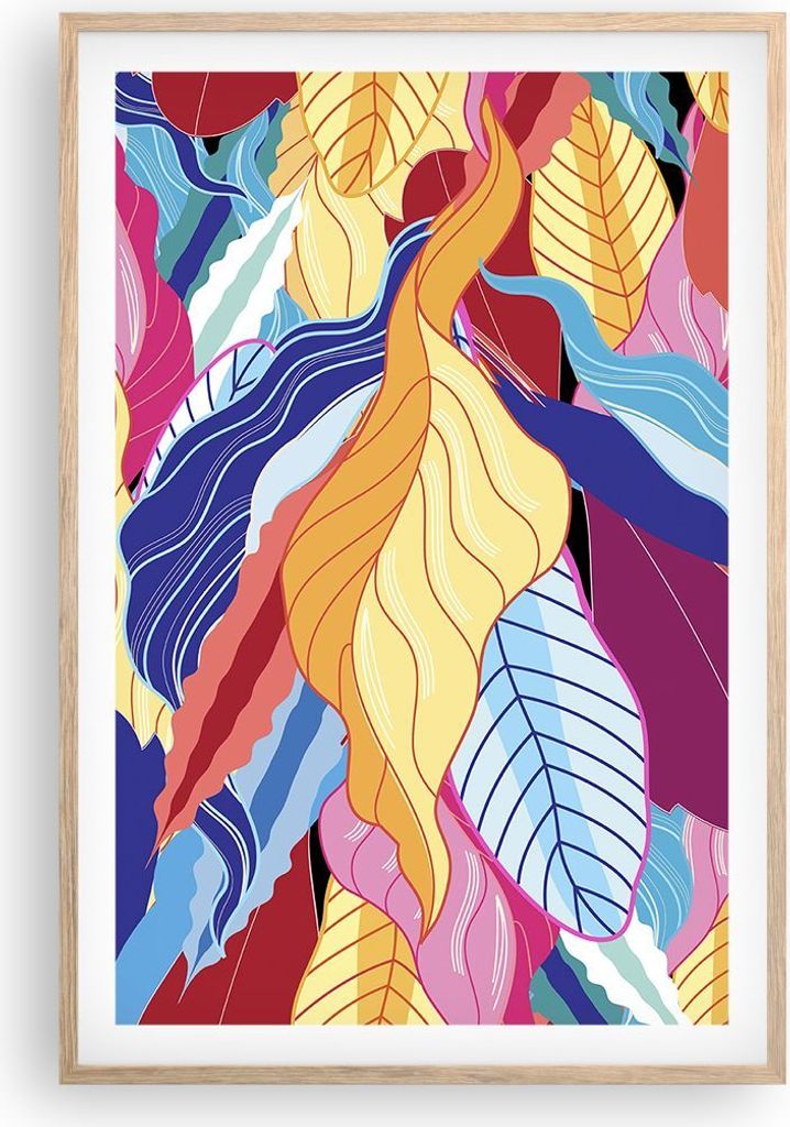 Gerahmtes Poster - Rahmen in heller Eiche - Muster Blätter bunt - 61x91,5 cm - Wand Bild - Wanddeko - Wandbilder - Wandposter - Bilderrahmen - Bil...