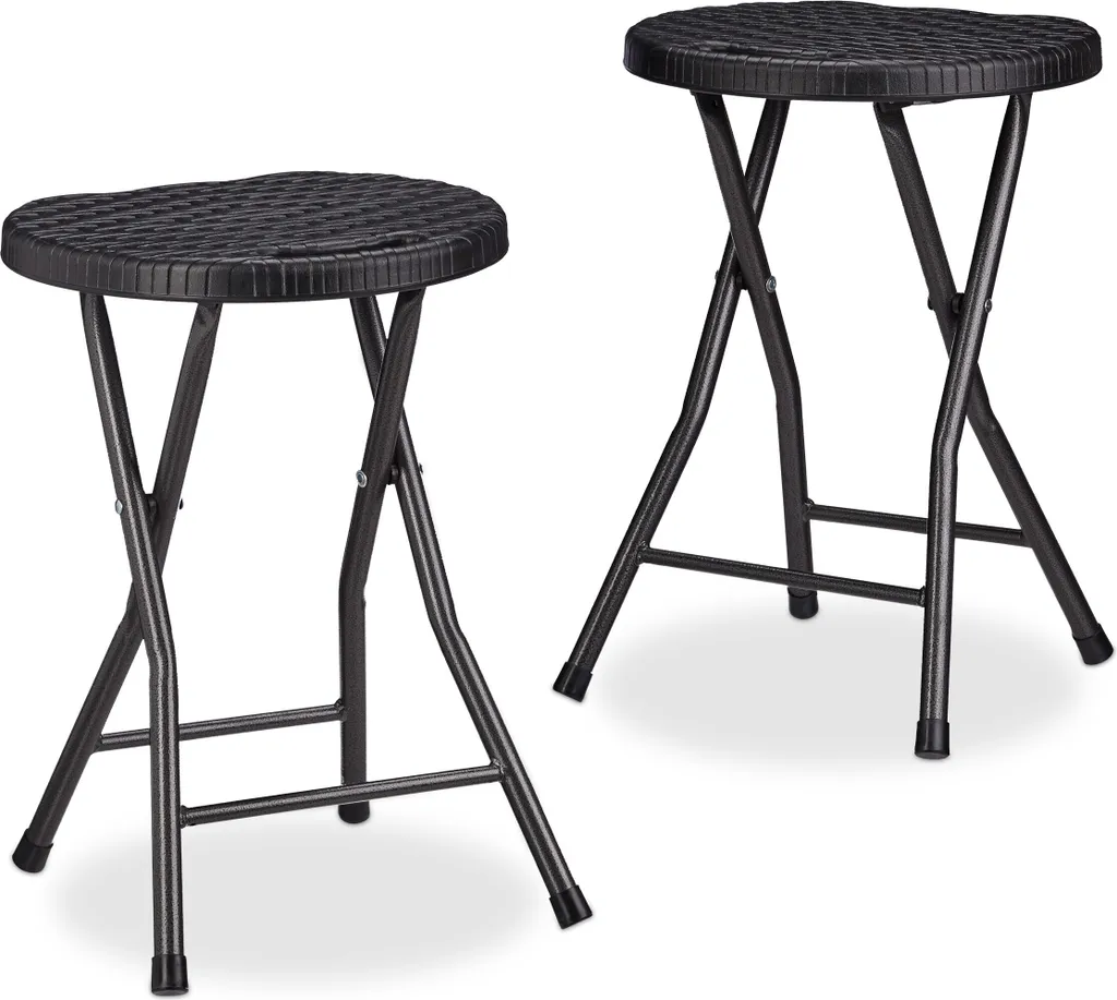 Relaxdays Sgabello Pieghevole BASTIAN Nero 45cm | Seduta Salvaspazio Rattan