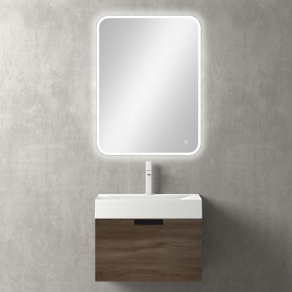 Mai & Mai Badmöbel-Set BxH 60x45cm in Eiche mit Soft-Close Schublade Wandmontage inkl. Waschbecken und LED-Spiegel Lonato