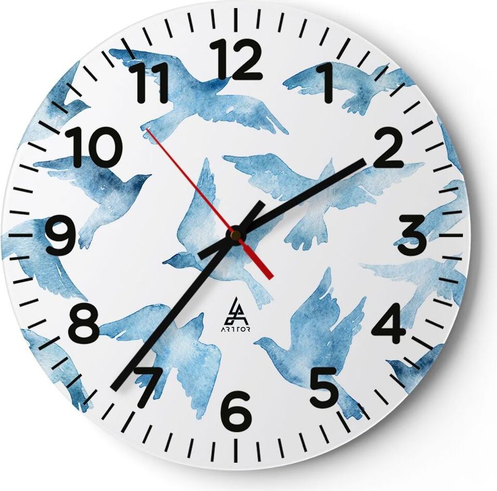 Wanduhr - Rund - Glasuhr - Vögel digital Wolke Taube - 30x30cm - Schleichendes Uhrwerk - Lautlos - zum Aufhängen bereit - Dekoration Modern - Wan...