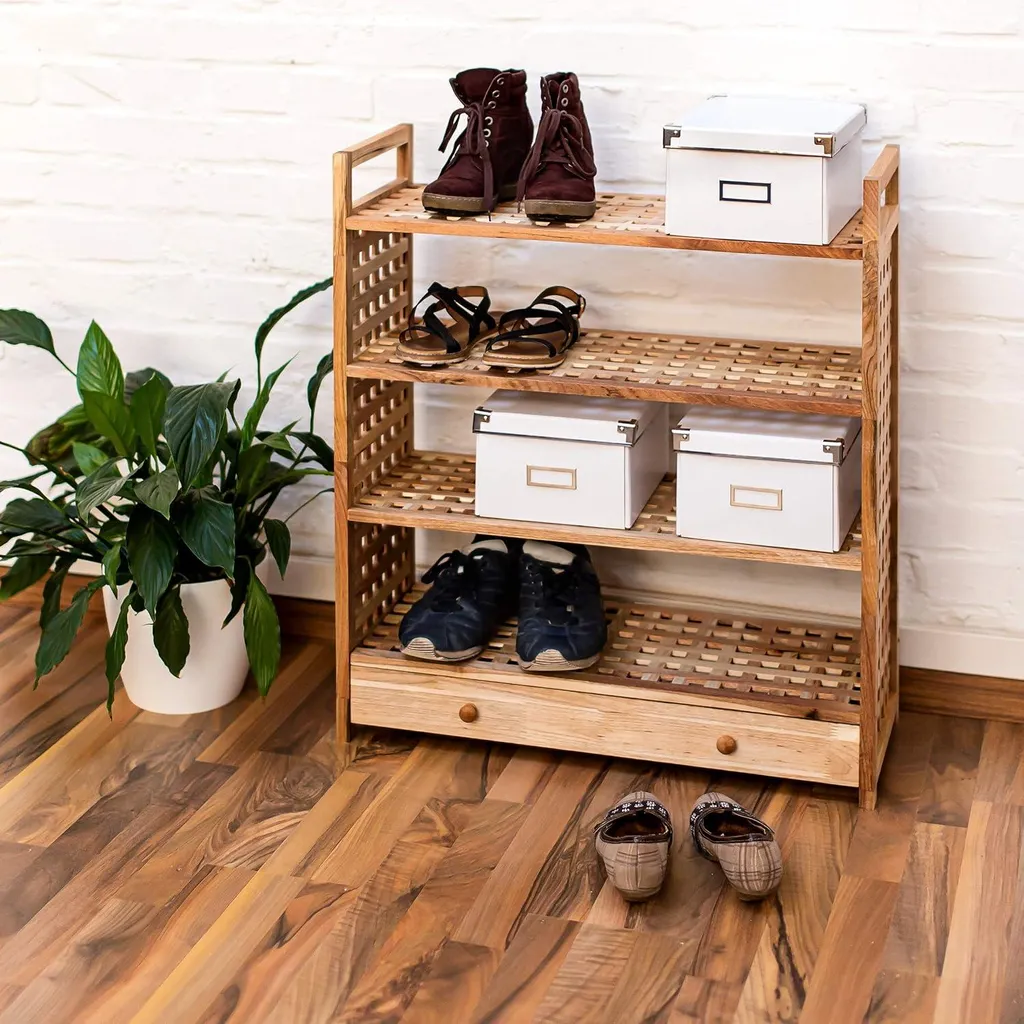 Meuble à chaussures en bois naturel 4 étages et tiroir de rangement