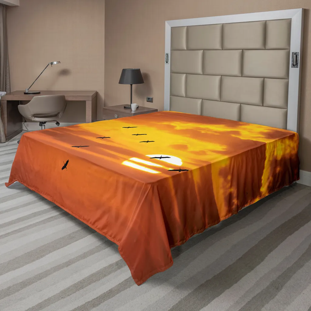 ABAKUHAUS Lenzuolo con uccelli, formazioni a forma di V che volano in un paesaggio nuvoloso con tramonto Stampa Cloudscape, lenzuolo morbido e confortevole per un letto decorativo 1 pezzo 275 cm x 260 cm, arancione - 1