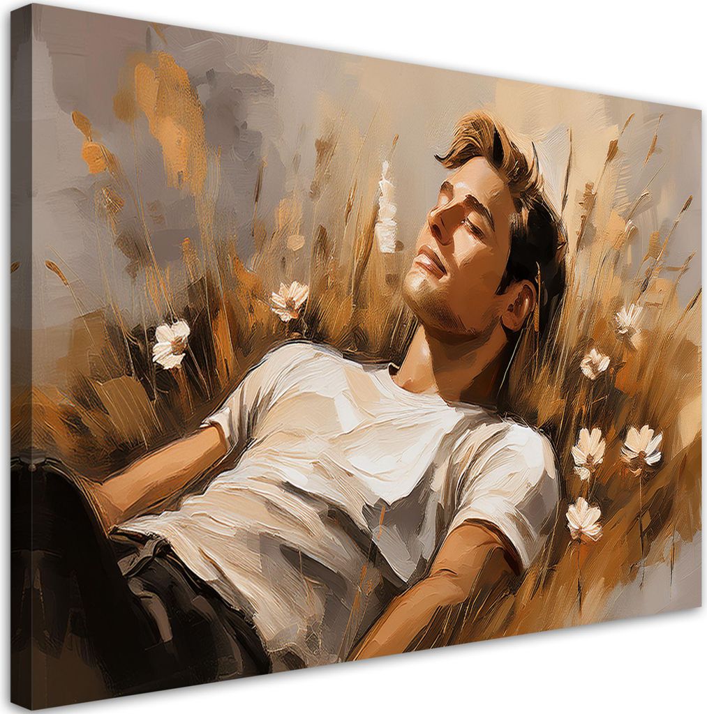 Leinwandbild Mann auf einer Wiese liegend 100x70 Feeby Beige bild für die wand bereit zum aufhängen