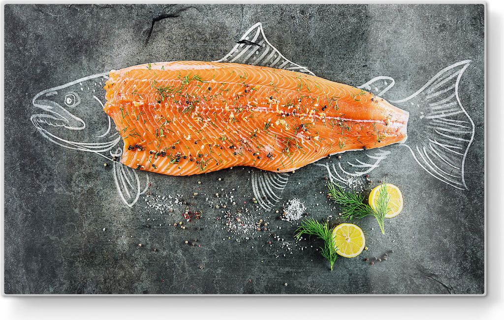 DEQORI Frühstücksbrett Glas 23x14 cm 'Fischfilet mit Gewürzen' Schneidebrett Platte