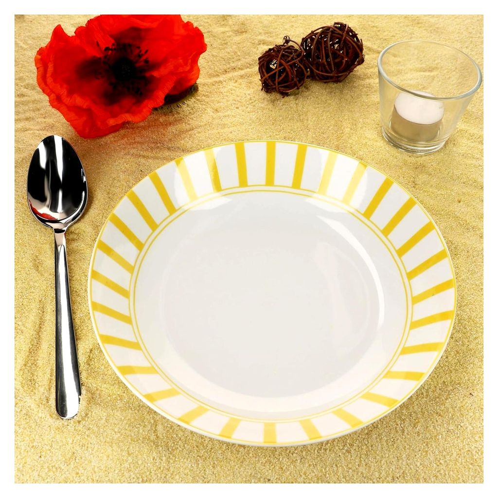 Suppenteller Set in Gelb, 6 Stück, 450 ml, weißes Porzellan mit Streifen für 6 Personen, tiefe Teller für Salat, Suppe, Müsli, Pasta und mehr