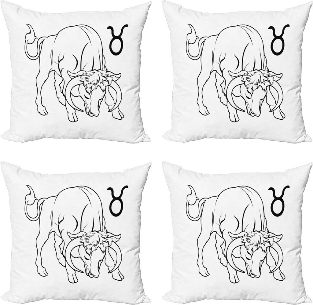 ABAKUHAUS Sternzeichen Stier Kissenbezug Set (4 Stück), Hand gezeichnet Bull, Moderner Doppelseitiger Digitaldruck, 60 cm x 60 cm, Schwarz und weiß