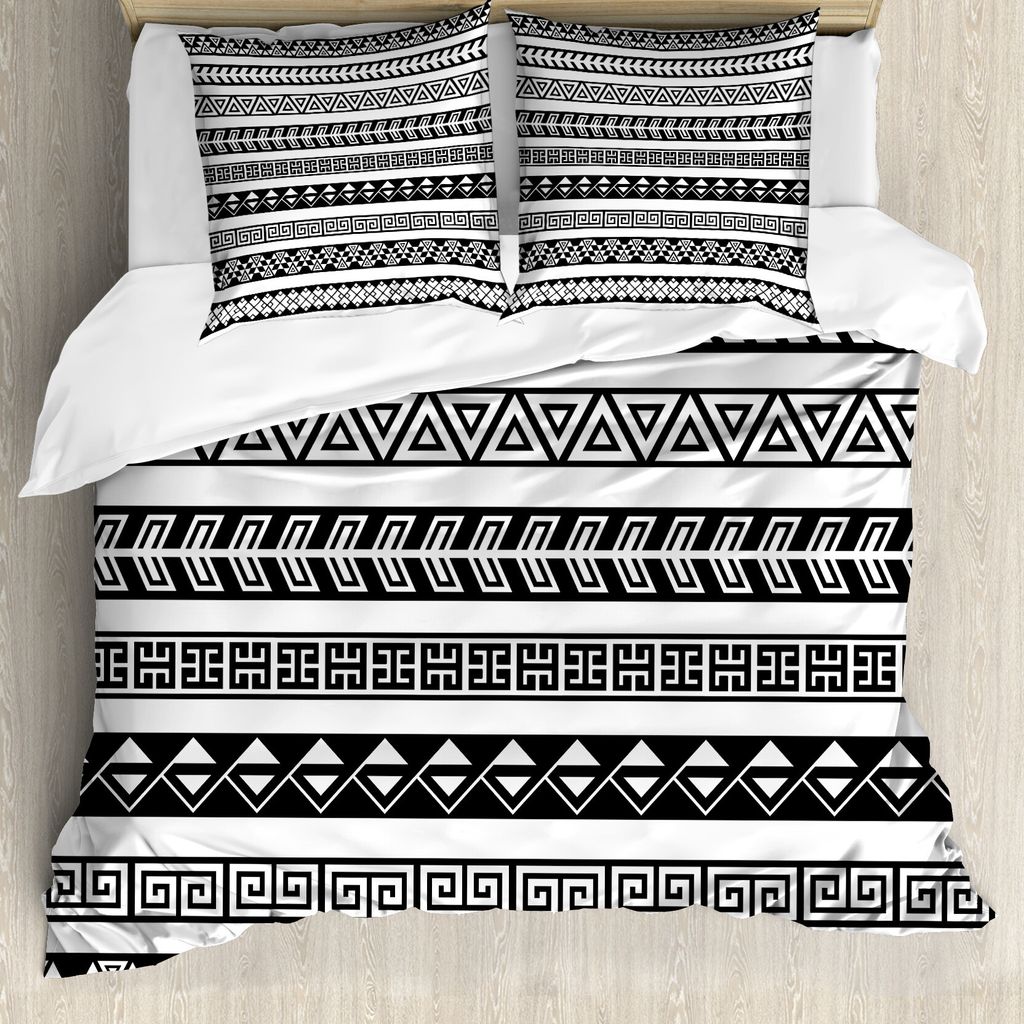 ABAKUHAUS Boho Bettbezug, amerikanischer Borders, Milbensicher Allergiker geeignet mit Kissenbezügen, 155 cm x 220 cm - 80 x 80 cm, Schwarz und weiß