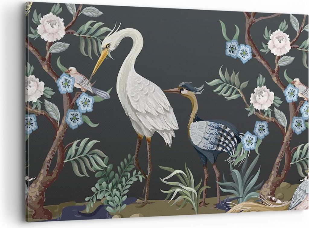 Bild auf Leinwand - Leinwandbild - Einteilig - Asiatisch Reiher Blumen - 120x80cm - Wand Bild - Wanddeko - Wandbilder - Leinwanddruck - Bilder - Wa...