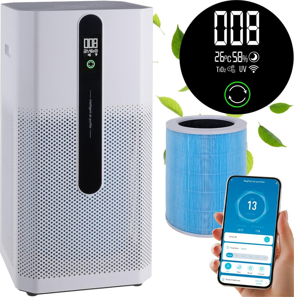 A product shot of an air purifier with accompanying marketing elements like a digital display, a filter, and a smartphone app interface.