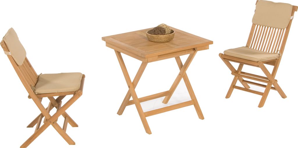 SonnenPartner Sunny Smart Gartenmöbel-Set "Bristol" 2 Klappstühle inkl. Kissen natur, 1 Klapptisch 70x70 cm, Teakholz 80086104
