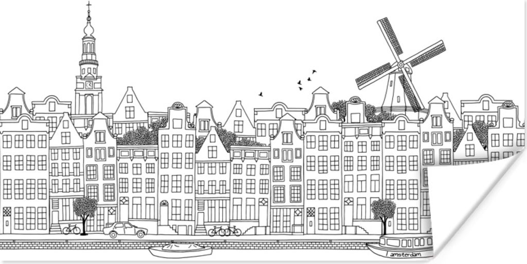 MuchoWow Poster Skyline - Amsterdam - Schwarz - Weiß 160x80 cm - Foto Poster