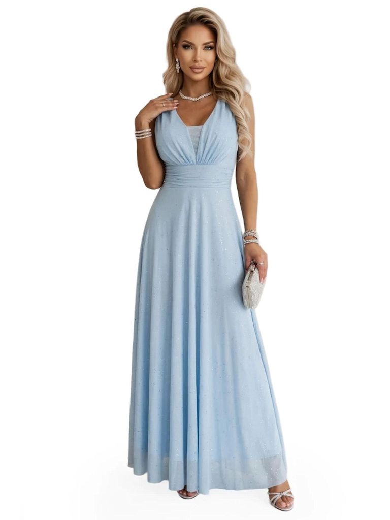 Numoco Brautkleid Klaudia Maxikleid Partykleid Abendkleid Hochzeit, hellblau mit Glitzer, Gr. XS-L