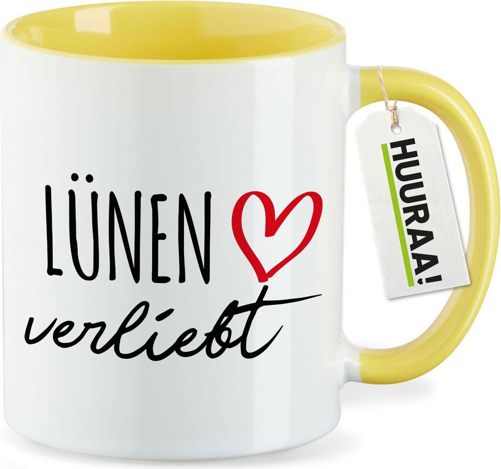 Huuraa Kaffeetasse Lünen verliebt 330ml Gelb Keramik Kaffeebecher Geschenkidee