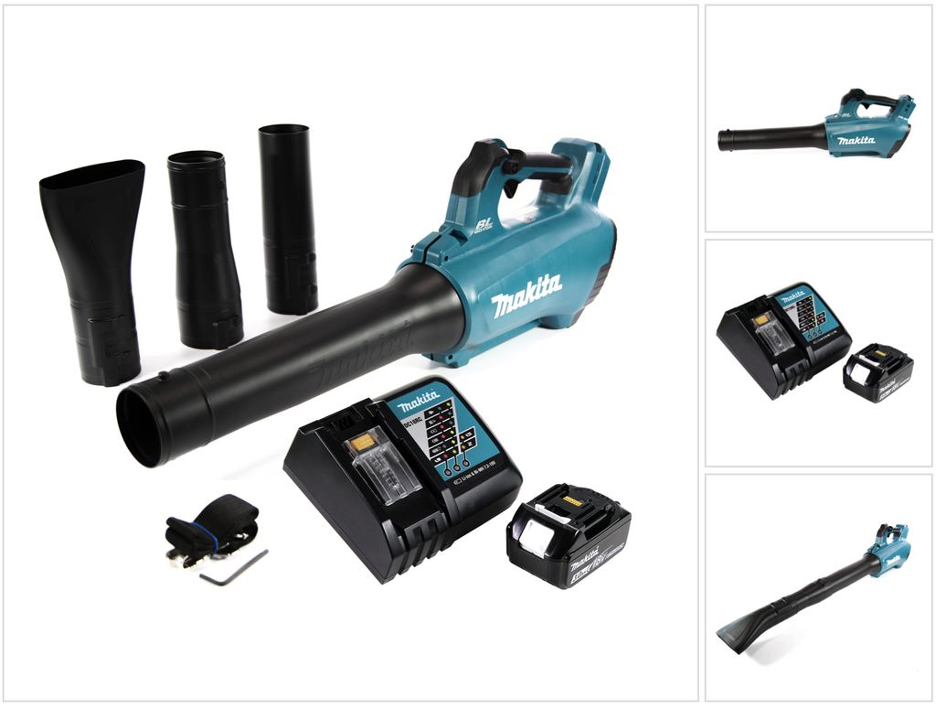 A Makita cordless leaf blower kit with accessories, including batteries and a charger, displayed on a white background.