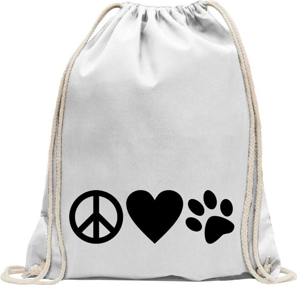 Kiwistar - Turnbeutel - weiss - Peace Love Animals - Fun Rucksack Sport Beutel Gymsack Baumwolle mit Ziehgurt
