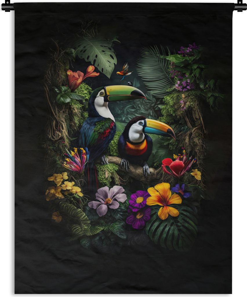MuchoWow Wandteppich Wandbehang Tukan - Blumen - Tropisch - Dschungel - Vogel 60x80 cm Tapisserie Dekoration Wandtuch - Decke - Wandtücher - Wohne