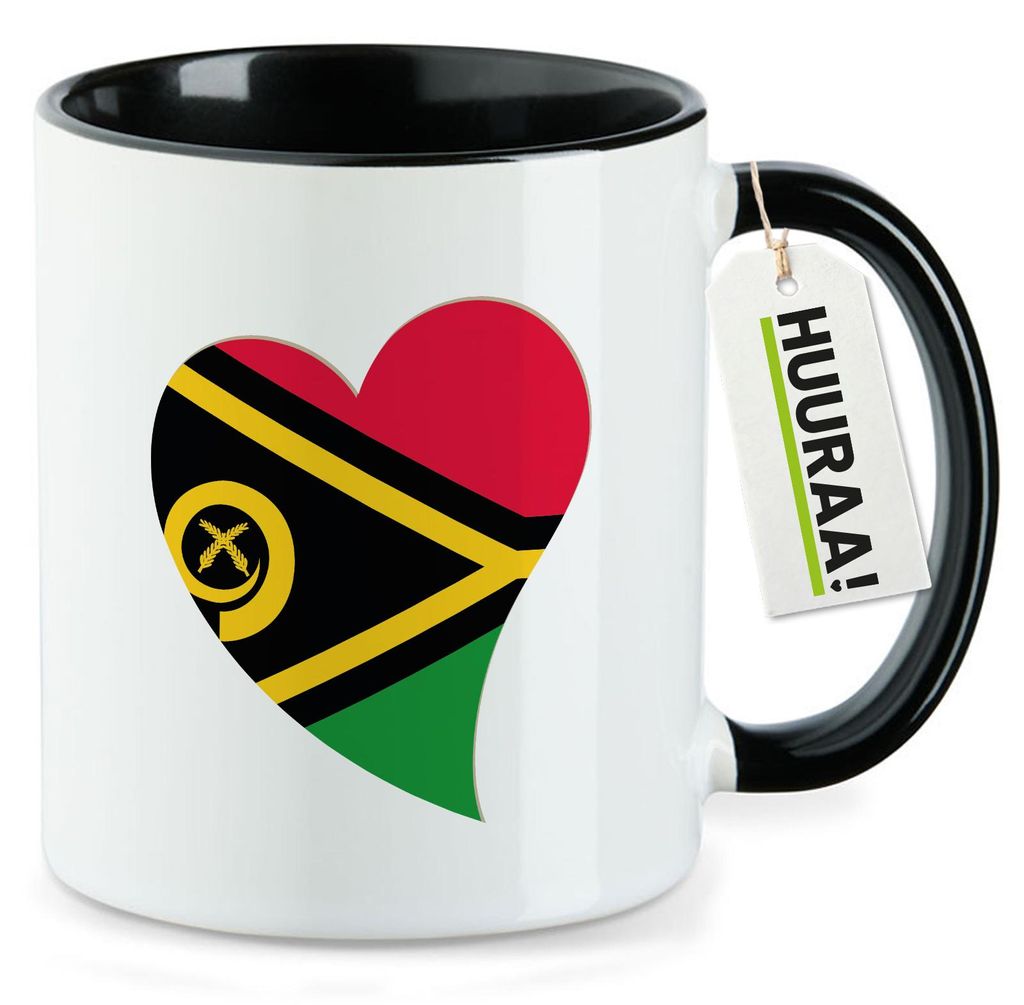 Huuraa Kaffeetasse Vanuatu Flagge Herz 330ml Schwarz Keramik Kaffeebecher Geschenkidee