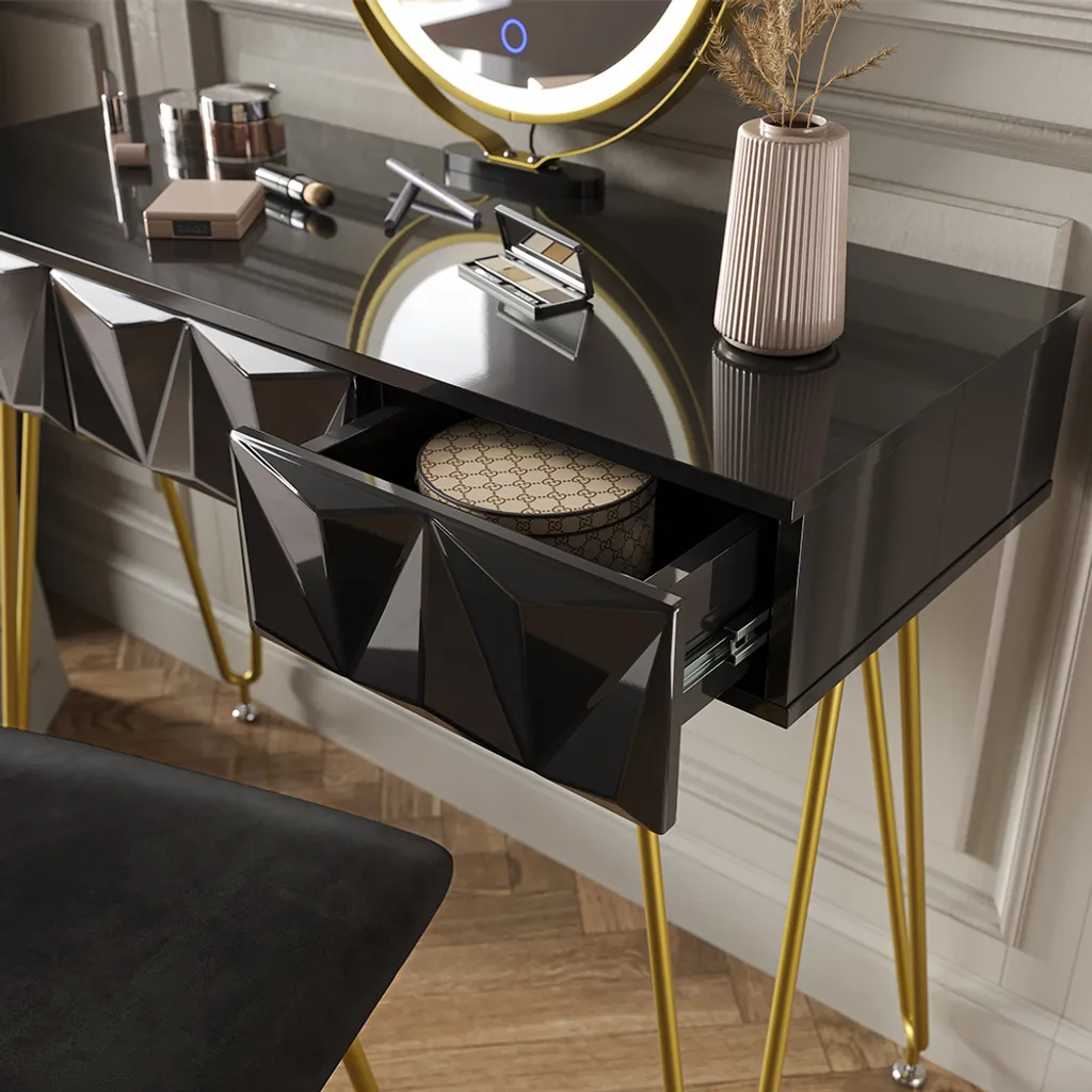 Coiffeuse Vicco Ruby Noir 100cm avec Miroir LED et Tabouret Model 40224