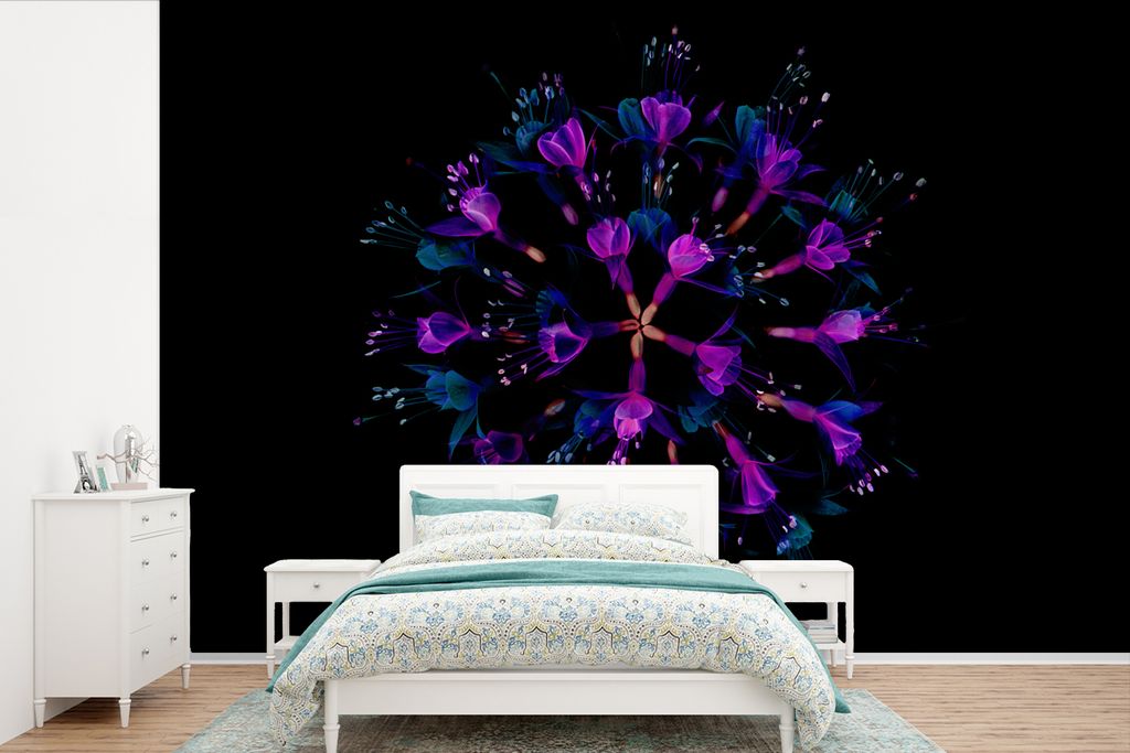 MuchoWow Fototapete für Wohnzimmer oder Schlafzimmer Wandtapete Vinyl Motivtapete Blume - Lila - Blau - Makro - Schwarz - 330x220 cm - Fototapeten