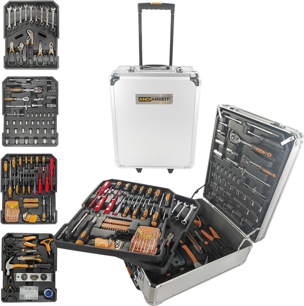 ANDIARBEIT Werkzeugkoffer Trolley 1000-tlg., Aluminiumkoffer, ergonomische Griffe, 4 Ebenen - kompakt für vielseitige Heimwerkerarbeiten silber|...