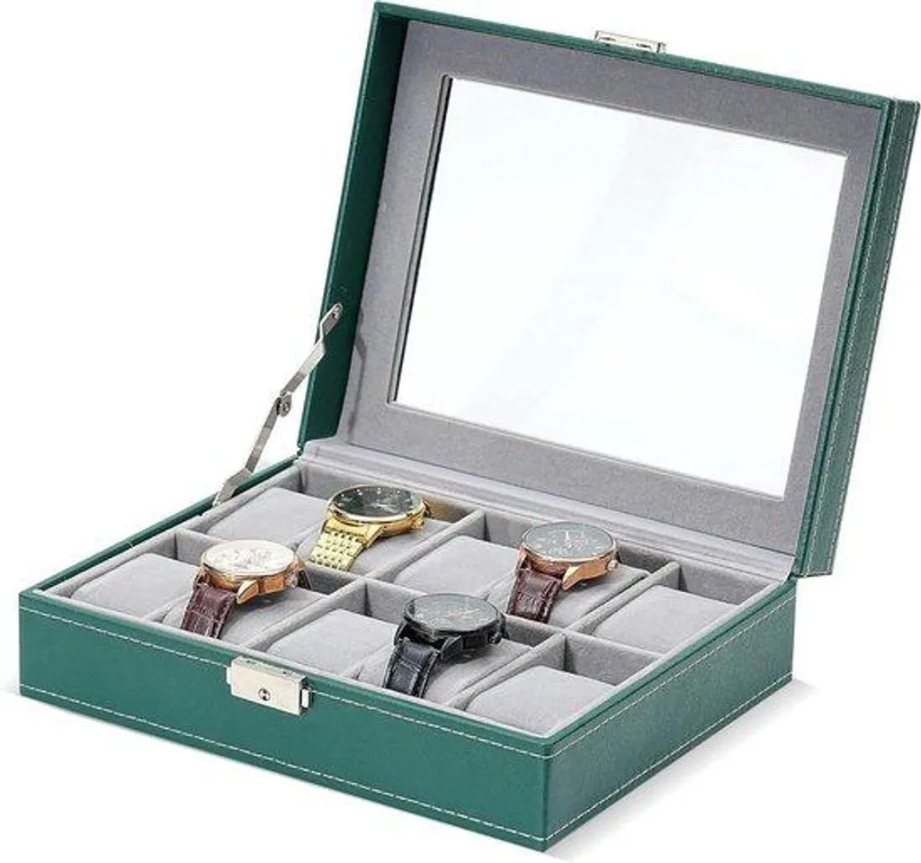 Boîte à montres 10 slots en cuir noir avec couvercle en verre clair