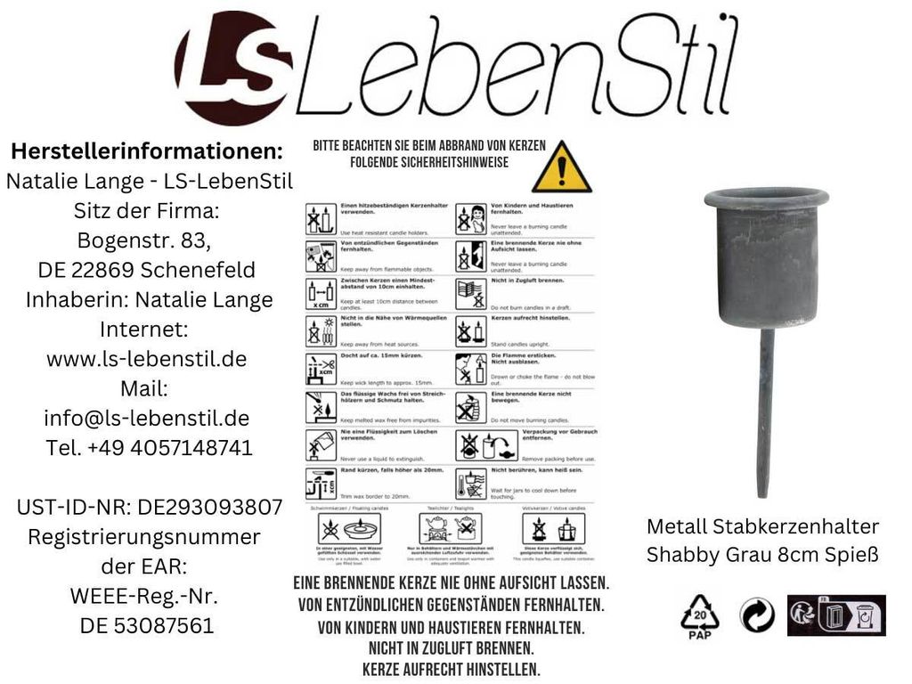 LS-LebenStil Metall Stabkerzenhalter Shabby Grau 8cm Spieß Produktbild 2