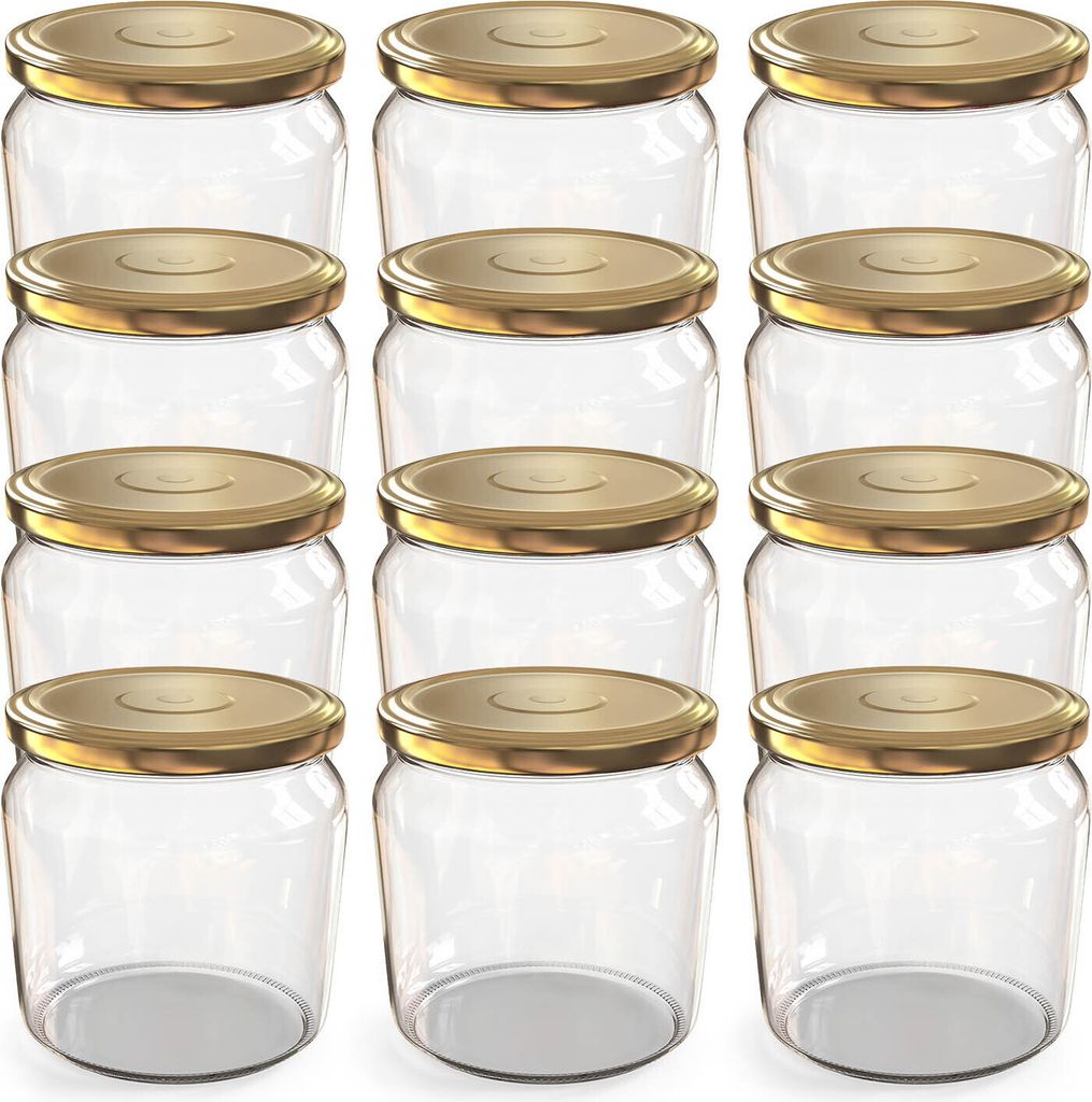 A studio shot of twelve empty glass jars with gold screw-on lids, arranged in four rows of three.
