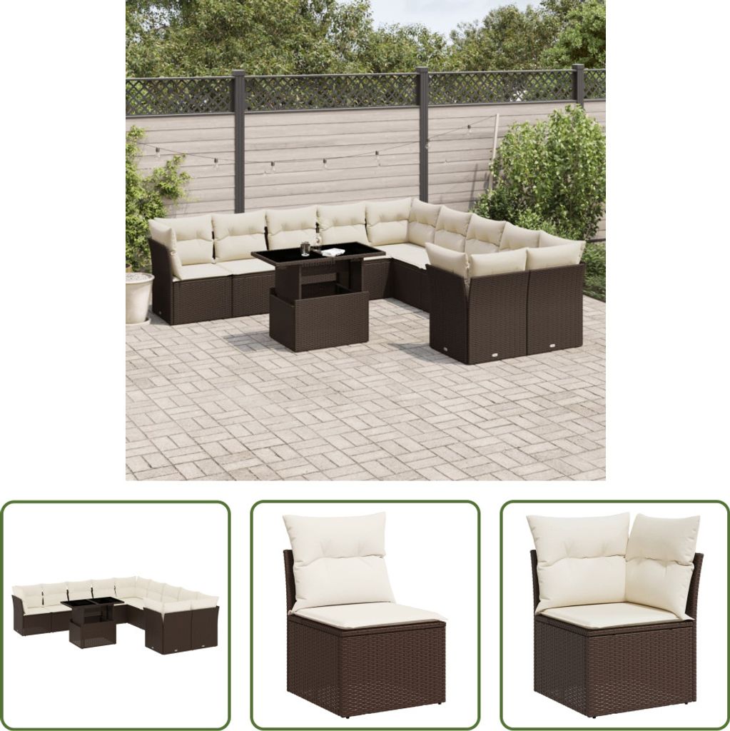 The Living Store 11-tlg. Garten-Sofagarnitur mit Kissen Braun Poly Rattan