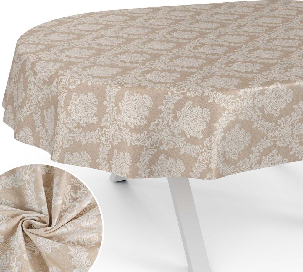 Tischdecke Barock aus Textil einfarbig Damast wasserabweisend Tischtuch Tischwäsche Aquarell Beige Oval Breite 140cm Länge 180cm mit Schnittkante