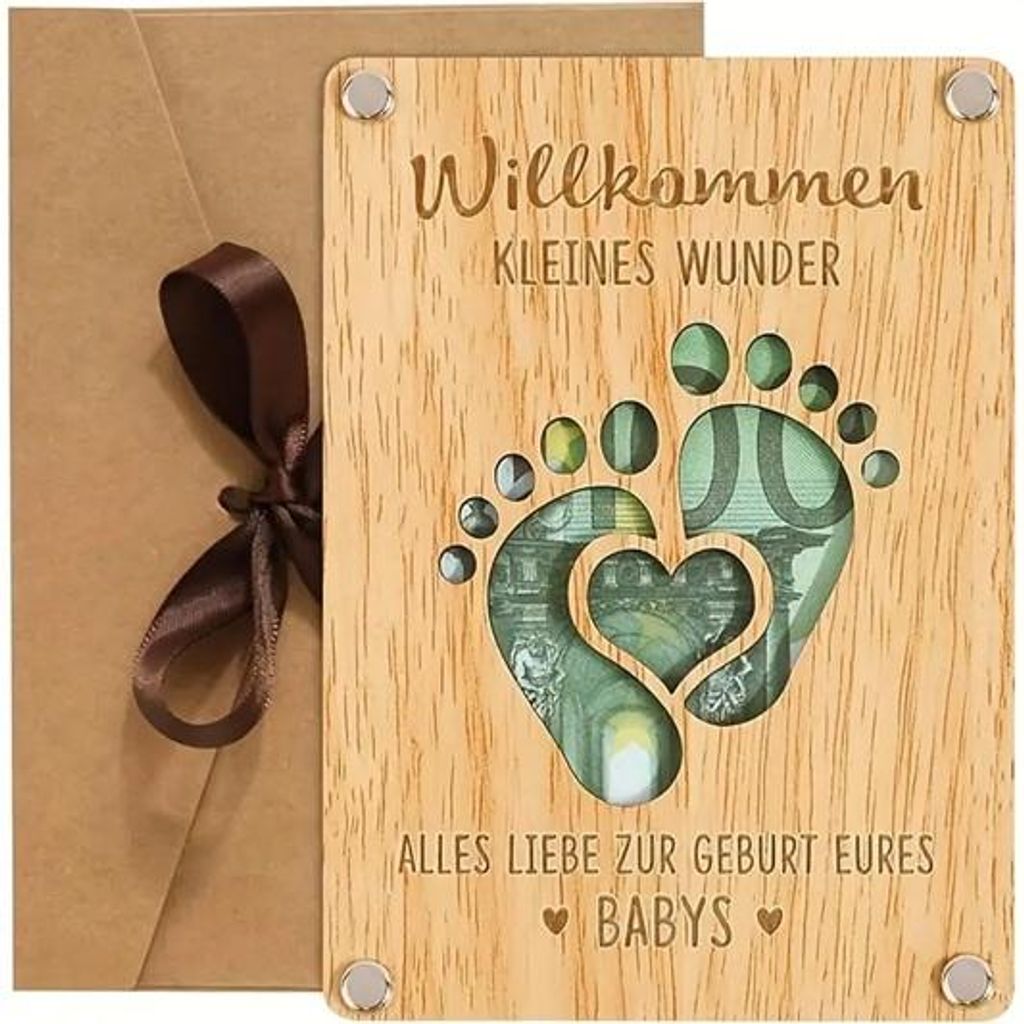 GKA Holz Geld Geschenkkarte zur Geburt Taufe - Willkommen kleines Wunder - Geldgeschenk Babyfüße Baby Glückwunschkarte Geld innenliegend