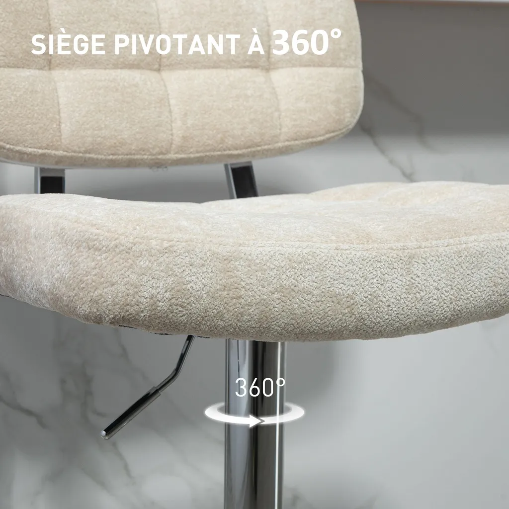 Tabouret de bar confortable réglable en hauteur dos soutenu beige - 6