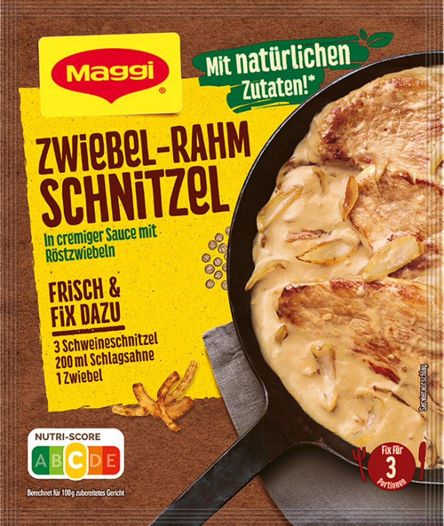 A package of Maggi Fix for Onion Cream Schnitzel, showing the product name, ingredients, and a prepared dish.