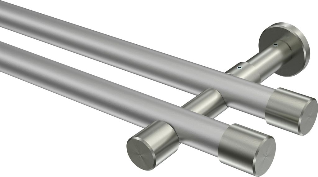 Interdeco Gardinenstange / Vorhangstange Silbergrau / Edelstahl-Optik, Typ Prestige Santo (Kappe) ohne Ringe, 20 mm Ø 2-läufig, 440 cm