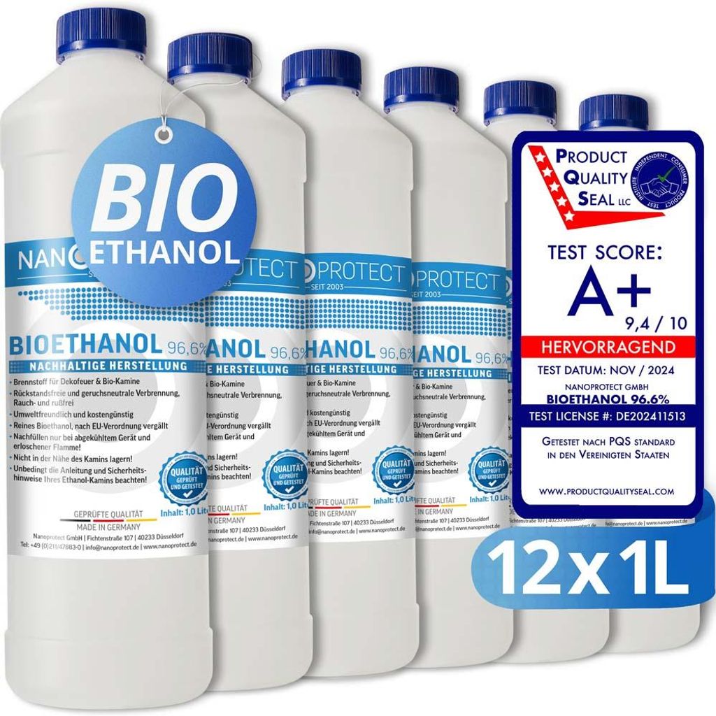 Nanoprotect Bioethanol 96,6% | 12 x 1 Liter | Flüssiger Ethanol Brennstoff für Indoor Kamin und Tischfeuer | Reiner Ethylalkohol als Lösungsmitt...